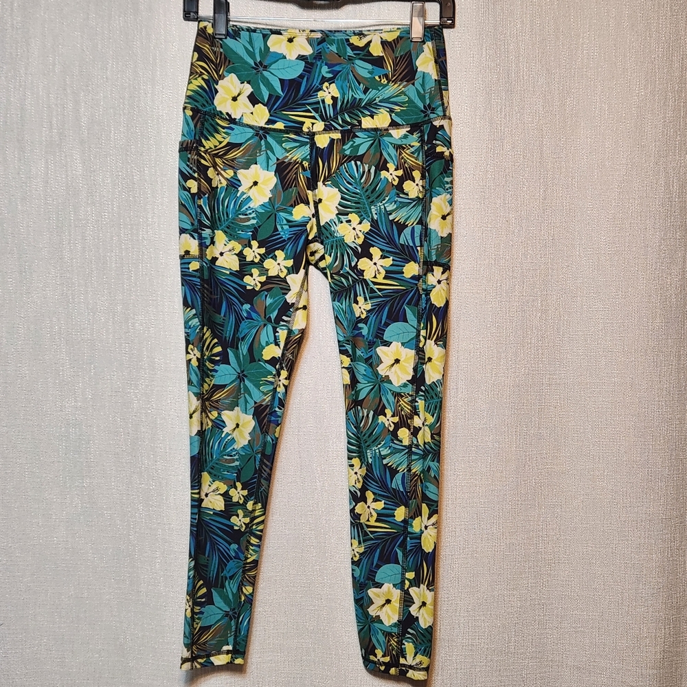 Legend Print Leggings Pocket Yoga Gym HIBISCUS Flower Tropical Medium
